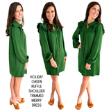 Holiday Green Ruffle Shoulder Trimmed Merry Dress