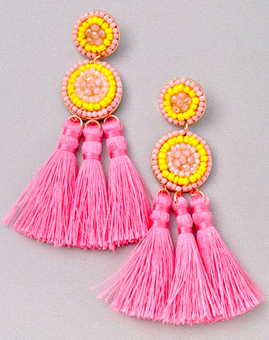 Yellow and Pink Beaded Earrings with Pink Tassels