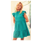 Jade or Poppy Red Flutter Sleeve Ruffle Hem Dress with Shirred Neckline & Keyhole Back