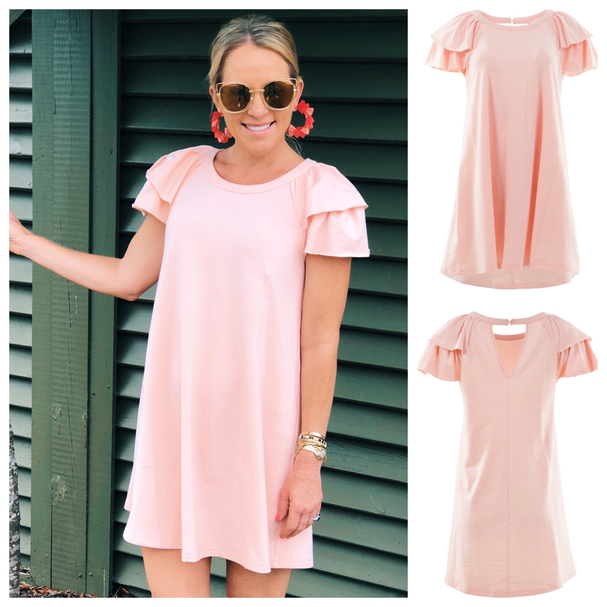 Light Peach Flutter Sleeve TShirt Dress with Keyhole Back