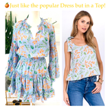 Blue, Orange & Green Floral Print Tie Shoulder Swing Top with Button Down Back