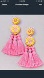 Yellow and Pink Beaded Earrings with Pink Tassels