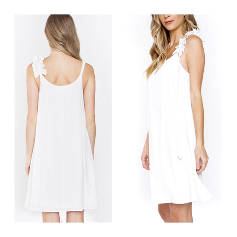White Sleeveless Ruffle Shoulder A-Line Dress