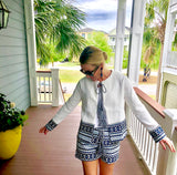 White & Navy Woven Contrast Jacket with Tassel Ties (Matching Shorts Sold Separately)