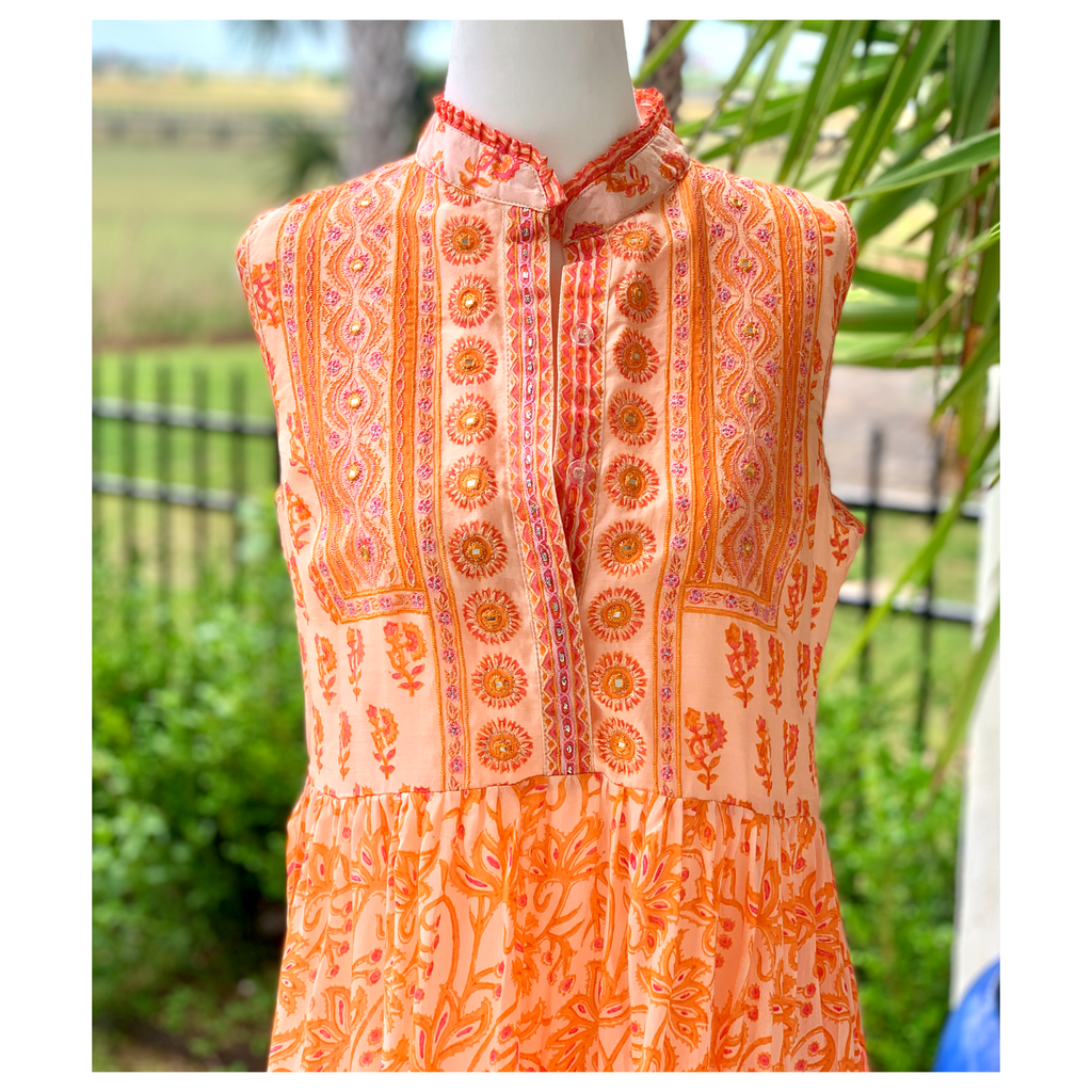 Bella Tu Coral Orange Embroidered Block Print Cora Dress with Mirrored ...