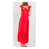 Poppy Red Textured Flutter Sleeve Ruffle Hem Maxi Dress with V-Cut Bow Tie Back