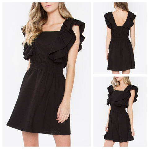 Black Smocked Waist Ruffle Sleeve Dress