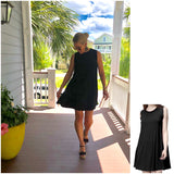 Black Knit Bamboo Sleeveless T-Shirt Dress with Ruffle Shoulder Hem & Keyhole Back with Tie