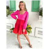 Red & Pink Long SleeveTiered Hem Stalvey Dress