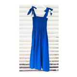 Royal Blue Smocked A-Line Midi Dress with Shoulder Ties