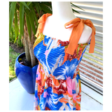 Coral Pink & Blue Smocked Maui Tie Shoulder Linen Like Dress