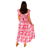 Red & White Flutter Sleeve Bow Back Lotus Maxi Dress