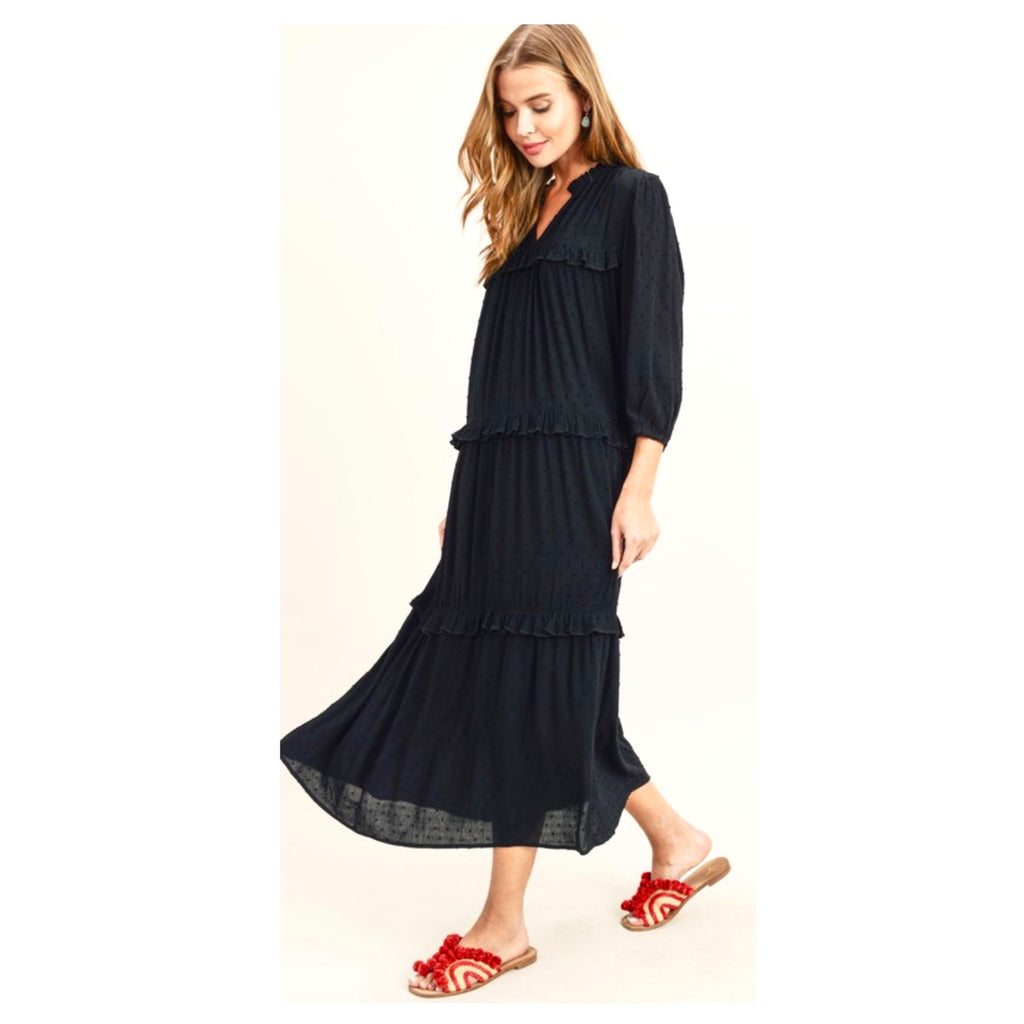 Black Embroidered Swiss Dot Ruffle Trim 3/4 Sleeve Maxi Dress - James Ascher Black Embroidered Swiss Dot Ruffle Trim 3/4 Sleeve Maxi Dress - James Ascher