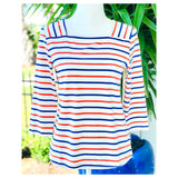 White Deep Coral & Blue Stripe Square Neck 3/4 Sleeve Knit Top