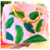 Handmade Beaded Pink Palm Canvas Bag with Bamboo Handle