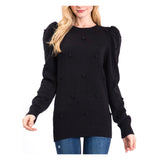 Black Micro Pom Ruched Bubble Sleeve Lightweight  Knit Sweater