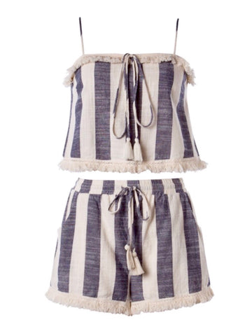 Navy Cream Wide Stripe with Fringe Hem & Tassel Ties Matching Set (sold together)