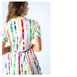 White & Watercolor Short Bubble Sleeve Button Down A-Line Dress with Banded Waist
