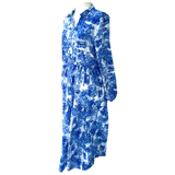 Blue & White Chinoiserie Monkey Business Dress with Accordion Ruffle Pleated Neckline