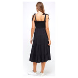 Black Textured Poplin Tiered Ruffle Hem Midi Dress with Smocked Ruffle Bodice, Shoulder Ties & POCKETS