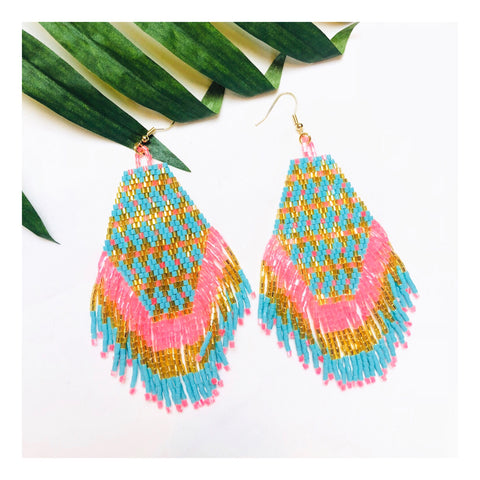 Turquoise Pink & Gold Beaded Earrings