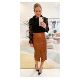 Caramel PU Leather High Waisted Pencil Midi Skirt with Front Slit