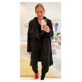 Black Open Front Belted Textured Wool Coat with Contrasting Oversized Smooth Lapel