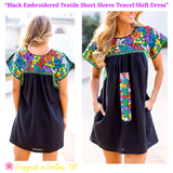 Black Embroidered Textile Short Sleeve Tencel Shift Dress