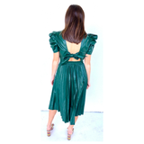 Emerald Green Leather Pleated Midi Skirt & Bow Back Puff Sleeve Top SET