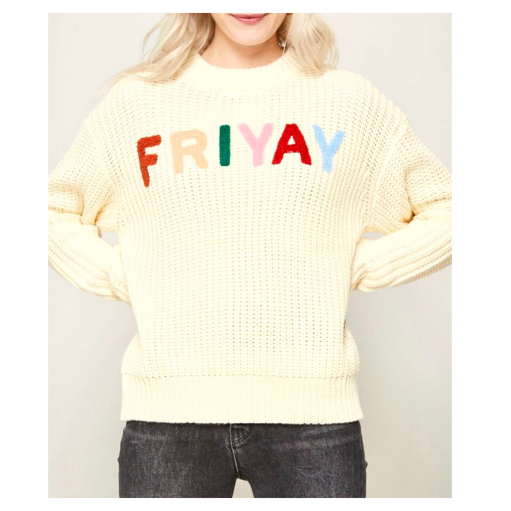 Cream Knit FRIYAY Sweater with Textured Chenille Lettering - James