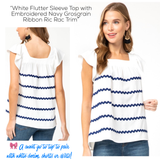 White Flutter Sleeve Top with Embroidered Navy Grosgrain Ribbon Ric Rac Trim