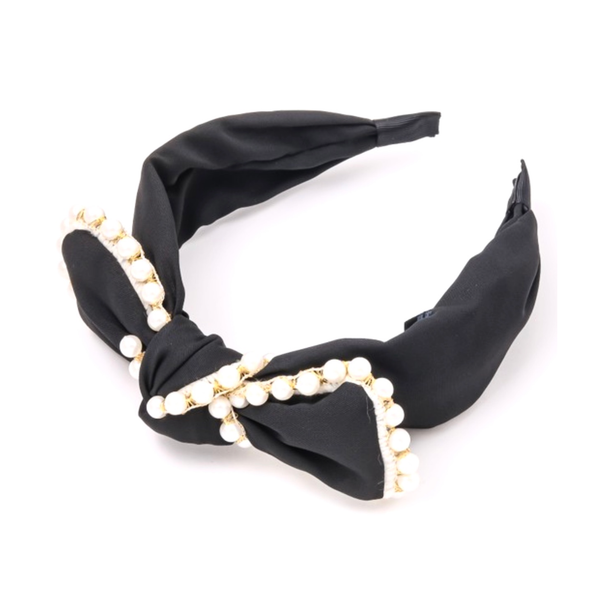 Black, Pink or Natural Pearl Trimmed Bow Headband - James Ascher