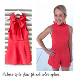 Light Coral Ruffle Neck Romper with Bow Back & POCKETS