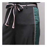 Black Satin Wide Leg Tie Waist Pants with Hunter Green & Baby Pink Leg Contrast