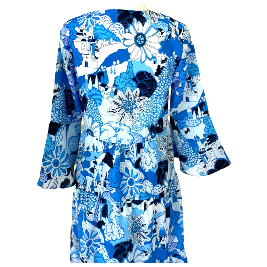 Blue Floral Trumpet Sleeve Miranda Dress - James Ascher