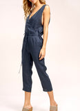 Blue OR Taupe Linen Jumpsuit with V-Back & Tie Waist
