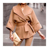 Camel 2/3 Sleeve Tie Waist Jacket with Exaggerated Collar