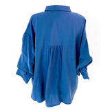 Teal, Black or White Balloon Sleeve Silky Button Down Blouses with Pleated Back