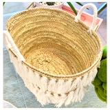 Marrakech Handmade 18” FRINGE TASSEL French Market Straw Bag in PINK or WHITE