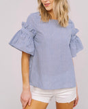 Blue Pinstripe Bell Sleeve Top with Ruffle Detail