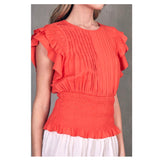 Deep Coral Pleated Ruffle Sleeve Top with Smocked Waist & Keyhole Back