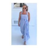 Marine Blue Stripe Shirred Hem Maxi Dress with Crisscross Back & Pockets