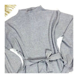 Heather Grey Contrasted Ribbed Knit Balloon Sleeve Top with Optional Belt