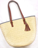 Straw Tote with Faux Leather Tassel & Blue White Nautical Stripe Contrast Straps