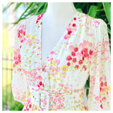 White Marigold Pink & Magenta Poppy Floral Print Puff Sleeve Midi Dress with Optional Belt
