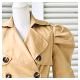 Camel Shirred Puff Sleeve Double Breasted Sophisticated Belted Trench Coat