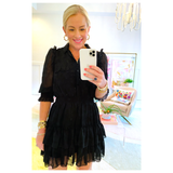 Black Designer Inspired Ruffle Trim Button Front Dress with Tiered Ruffle Hem