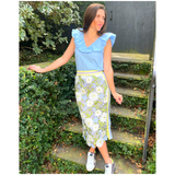 Lilac Blue & Yellow Floral Crochet Atley Skirt with Ribbon Trim Contrast