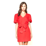 Red Puff Sleeve Linen & Rayon Blend Belted Shift Dress