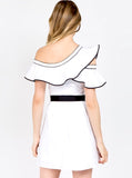 White & Black One Shoulder Asymmetrical Button Down A-Line Dress with Black Grosgrain Ribbon Belt
